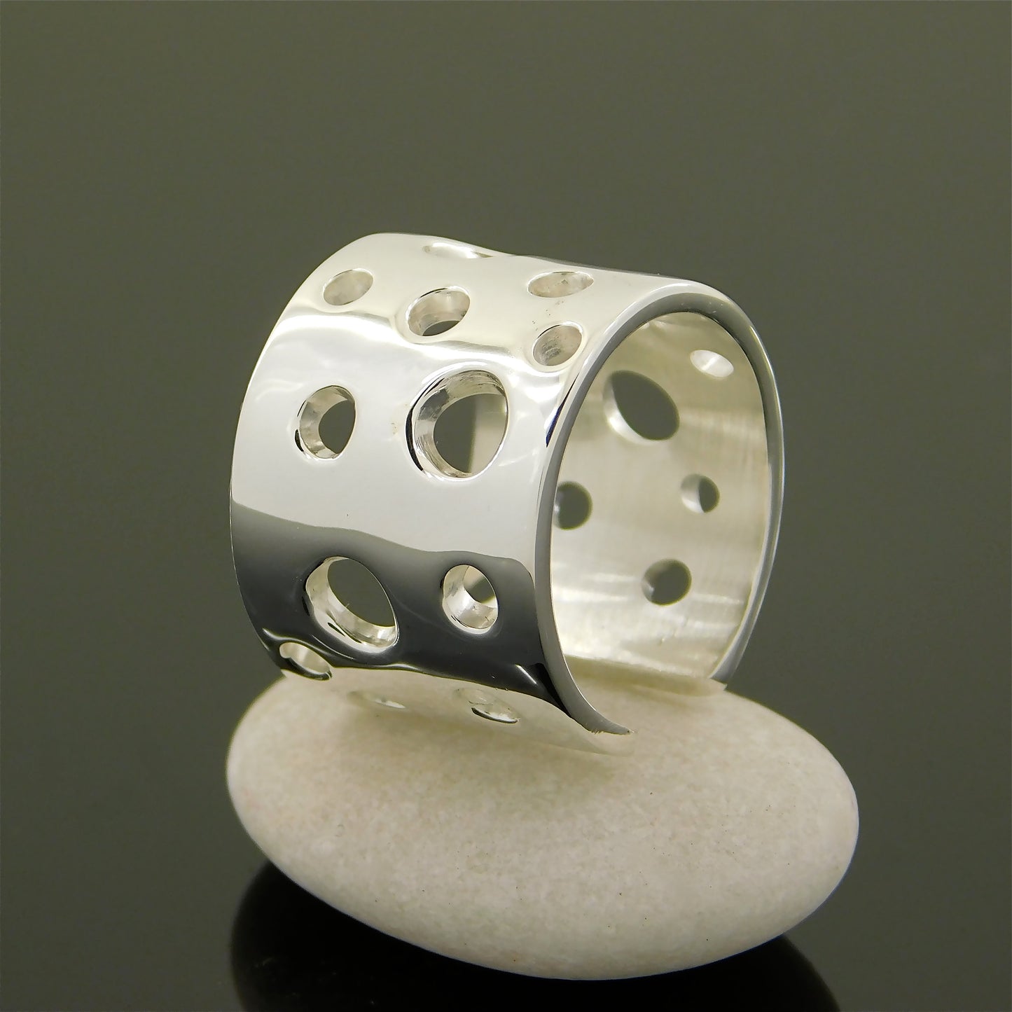 Swiss Cheese Ag950 Silver Ring, Wide Band, Minimalist Design