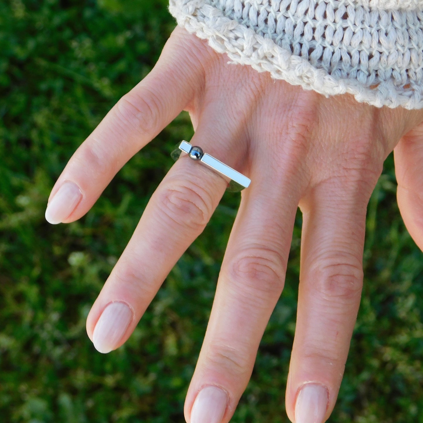 Hematite Ring, Minimalist Bar Ring, Silver AG 950, Elisa Kuno Design