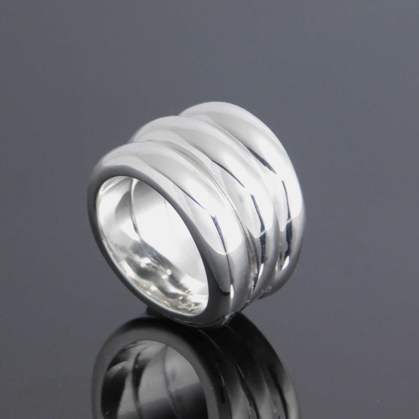 Wide Band Ring: Chunky Statement Ring, Triple Dome Band Ring, Silver AG 950
