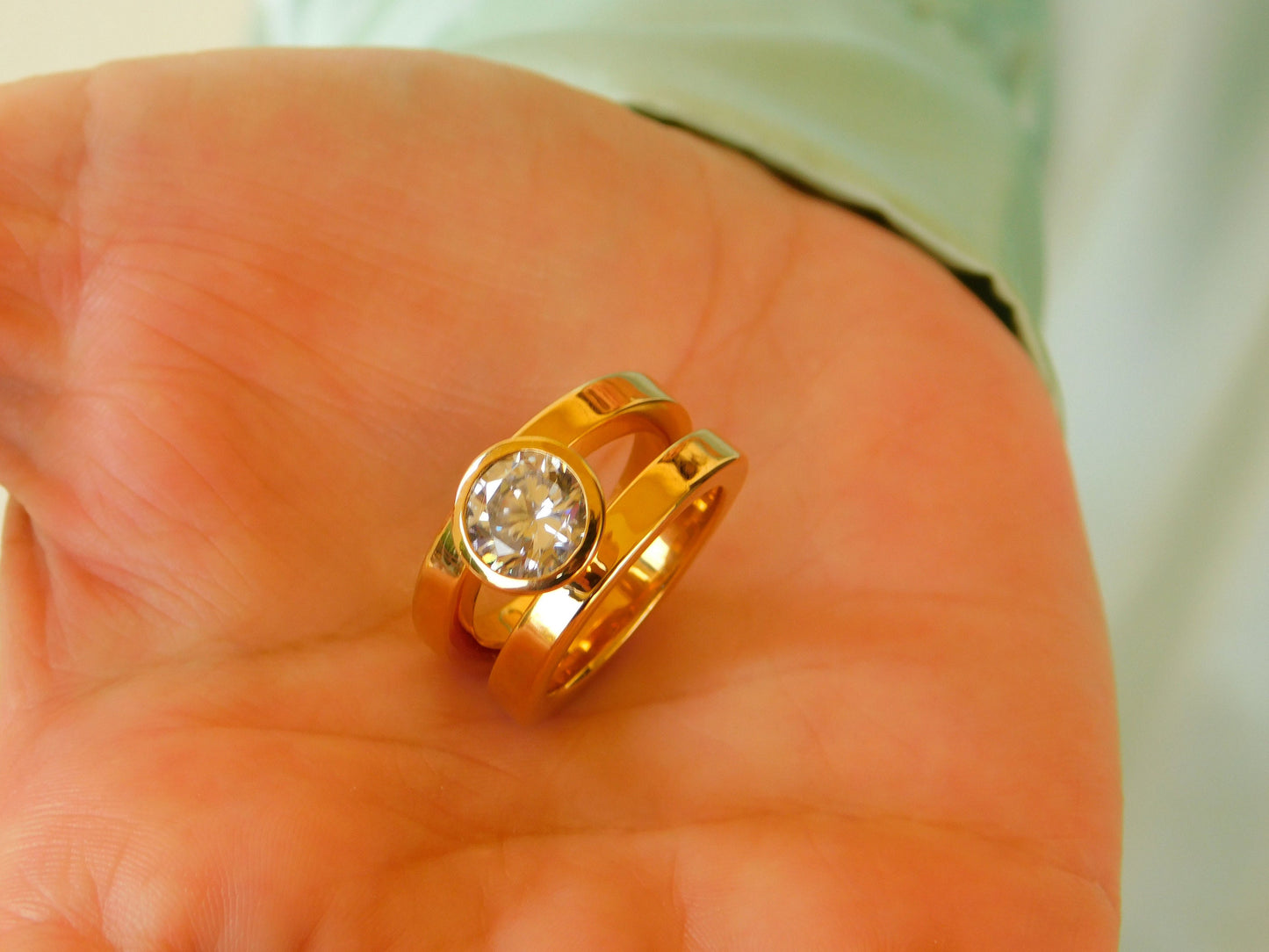 Moissanite Engagement Ring: Double Shank Bezel Setting, Gold Plated Silver AG 950