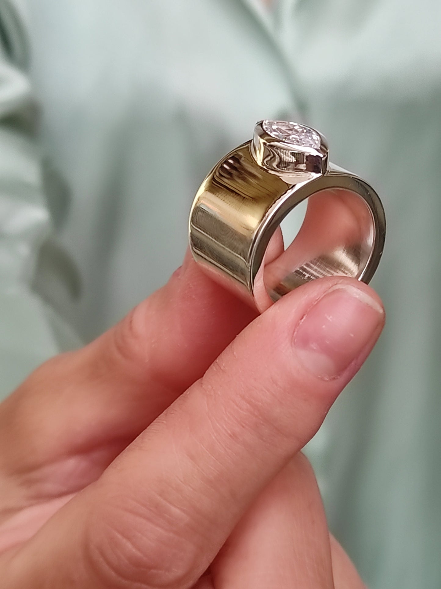 Wide Band Ring: Marquise Cut Moissanite Solitaire, Silver Wedding Band