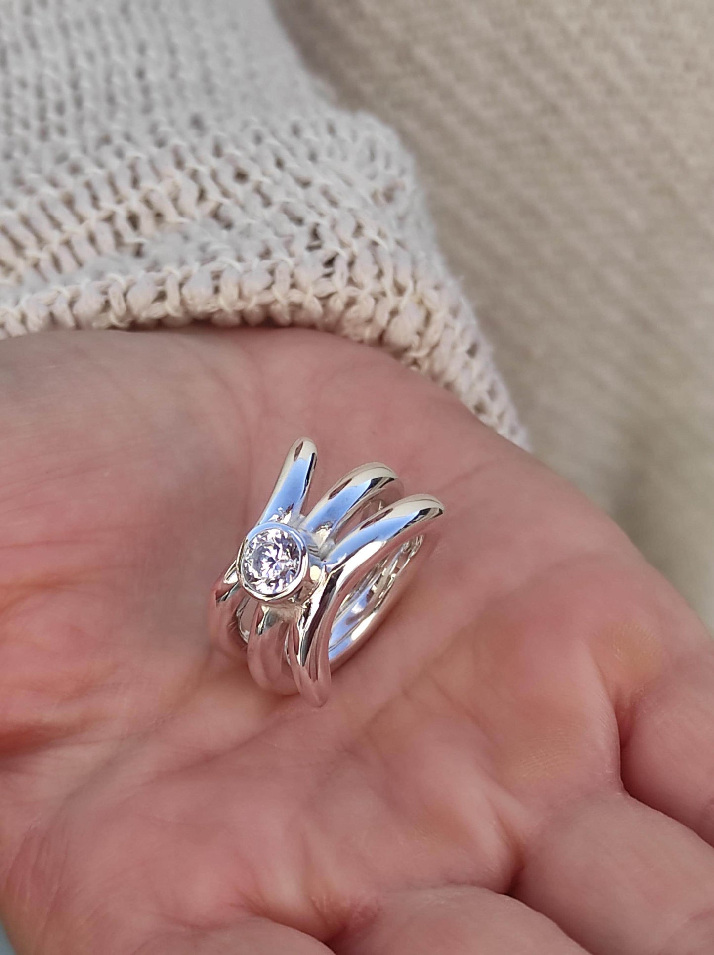 Proposal Ring: Engagement Ring Silver, Asymmetric multiple band Solitaire