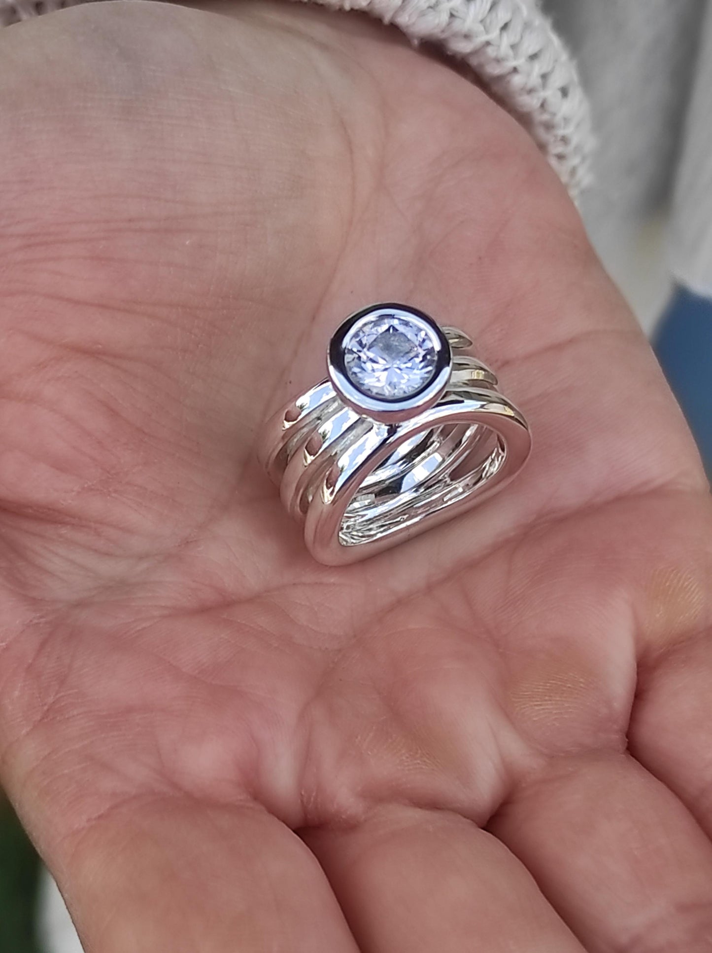 Engagement Ring: Proposal Ring With Moissanite, AG950 Silver Triple Band