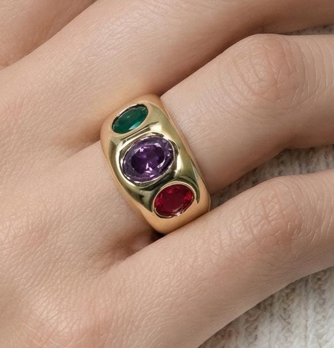 Statement Ring For Women: Gipsy Art design, Multi Color Gemstones, Dome Band Gold Plated