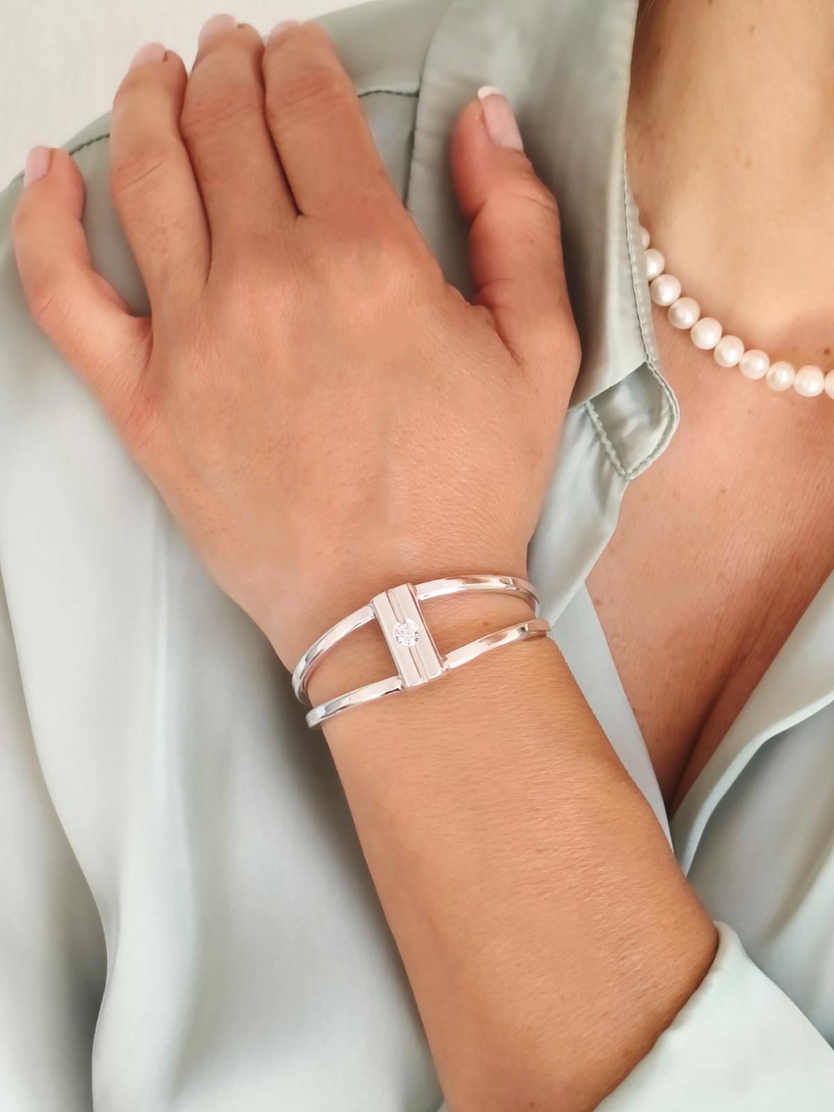 Geometric Cuff Bracelet, Modern Double Band Open Bangle, Artisan Jewelry AG950 Silver