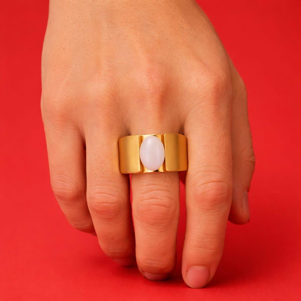 Moonstone Ring: Wide Band Contemporary Design in Silver or Gold Plated