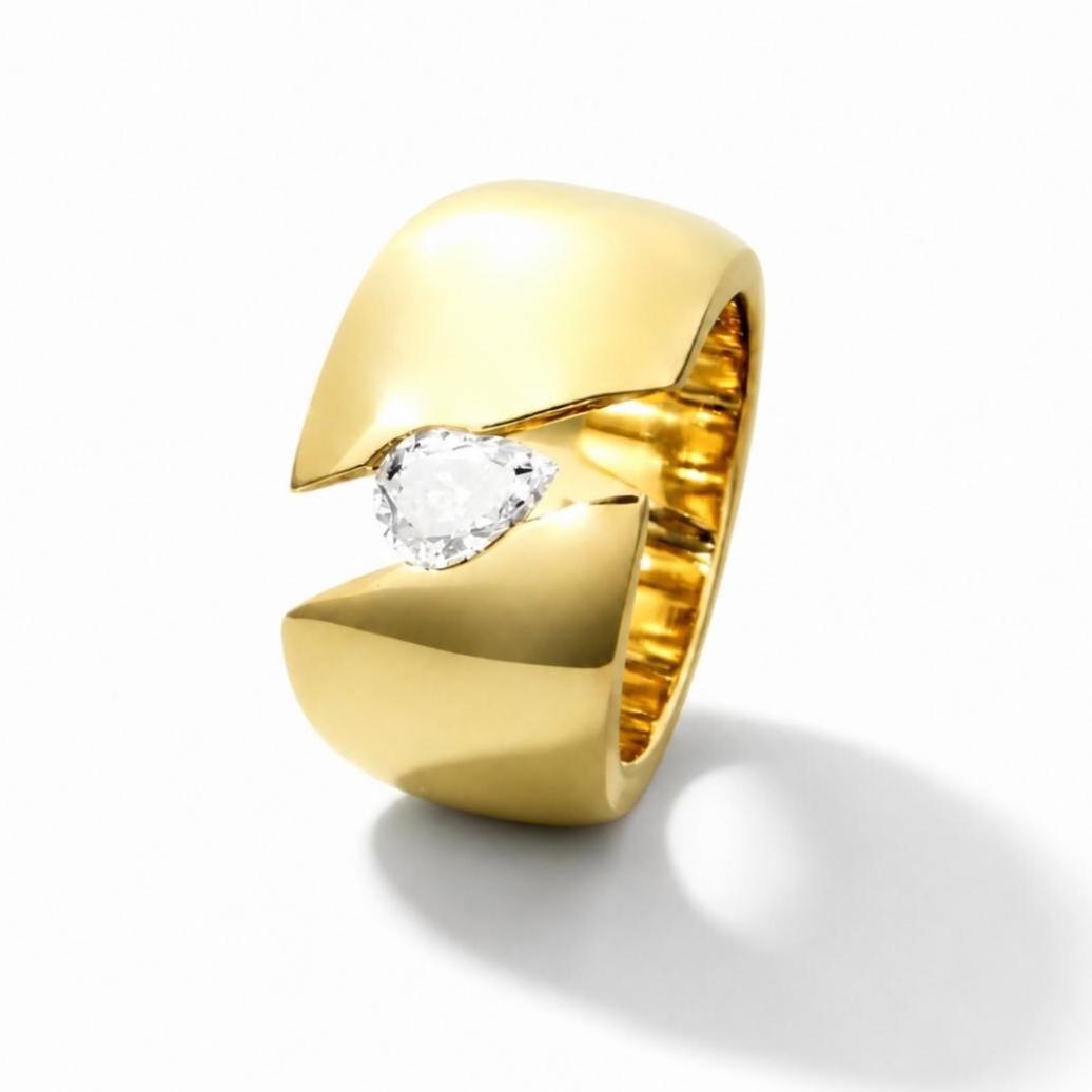 Wide Band Moissanite Ring: Gold Dome Tension Setting