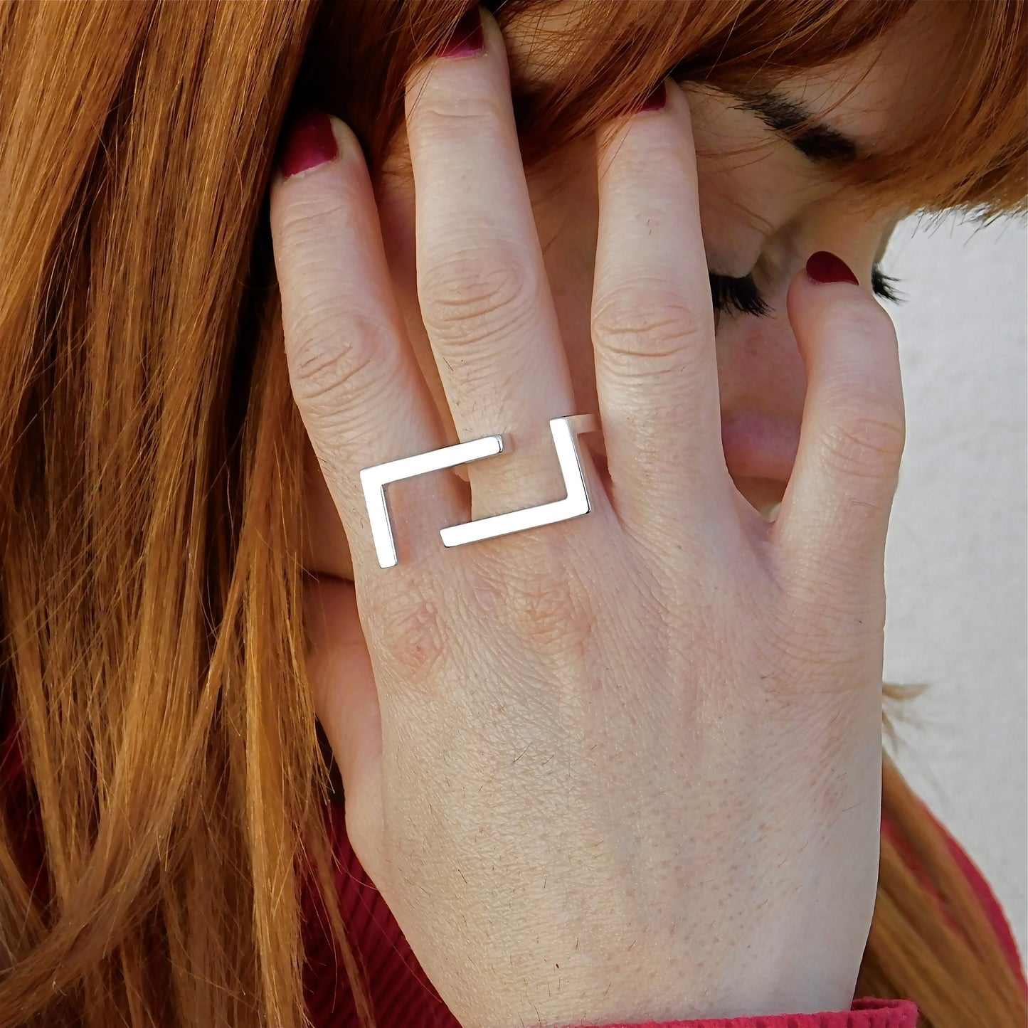 Statement Ring Ag950 Silver , Geometric Bar Design