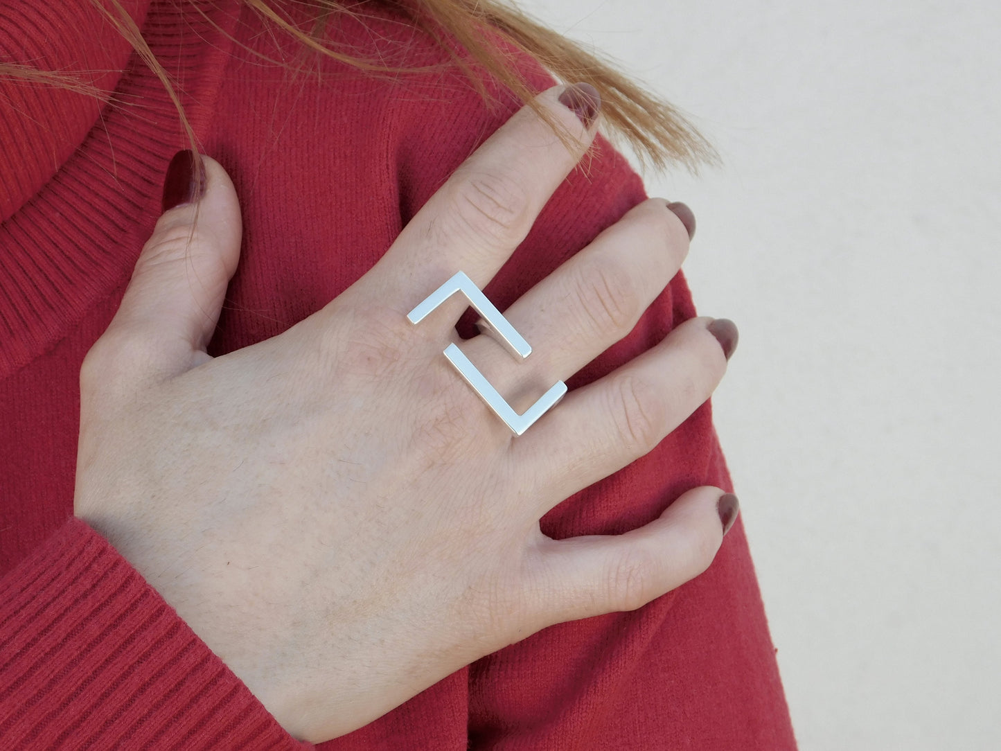 Statement Ring Ag950 Silver , Geometric Bar Design