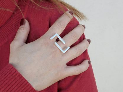 Statement Ring Ag950 Silver , Geometric Bar Design