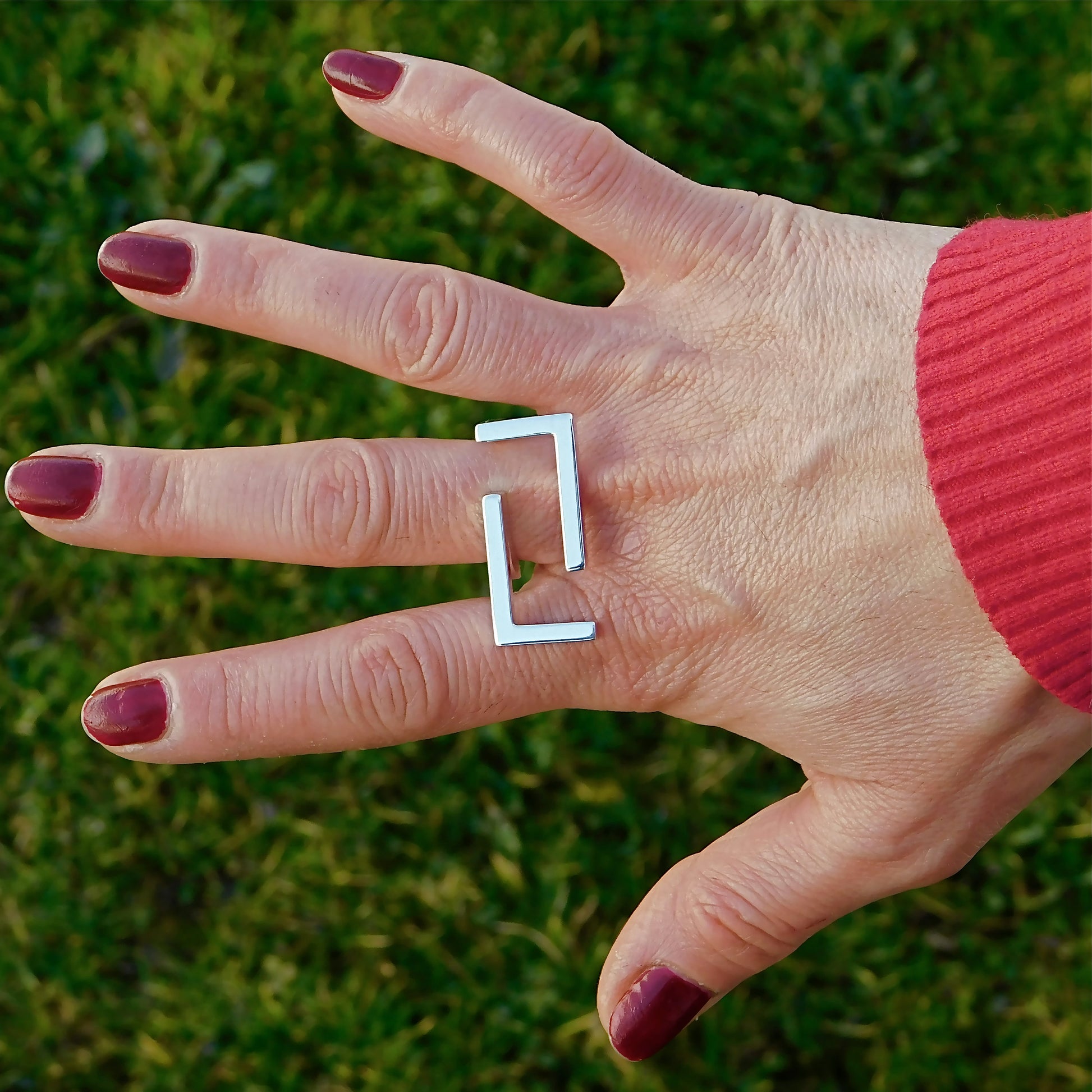 Statement Ring Ag950 Silver , Geometric Bar Design