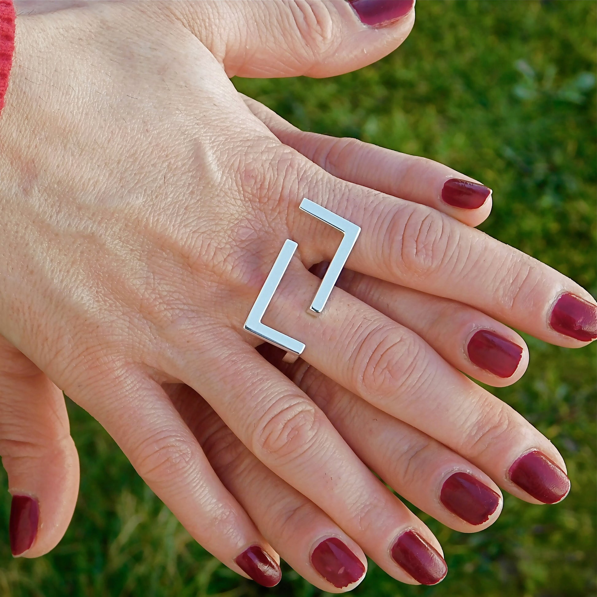 Statement Ring Ag950 Silver , Geometric Bar Design