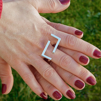Statement Ring Ag950 Silver , Geometric Bar Design