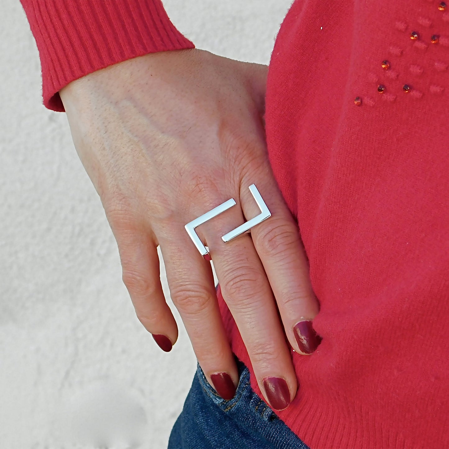 Statement Ring Ag950 Silver , Geometric Bar Design