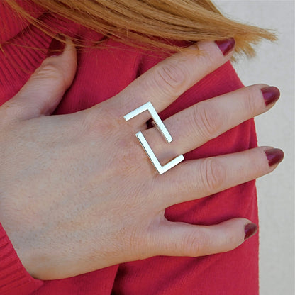 Statement Ring Ag950 Silver , Geometric Bar Design