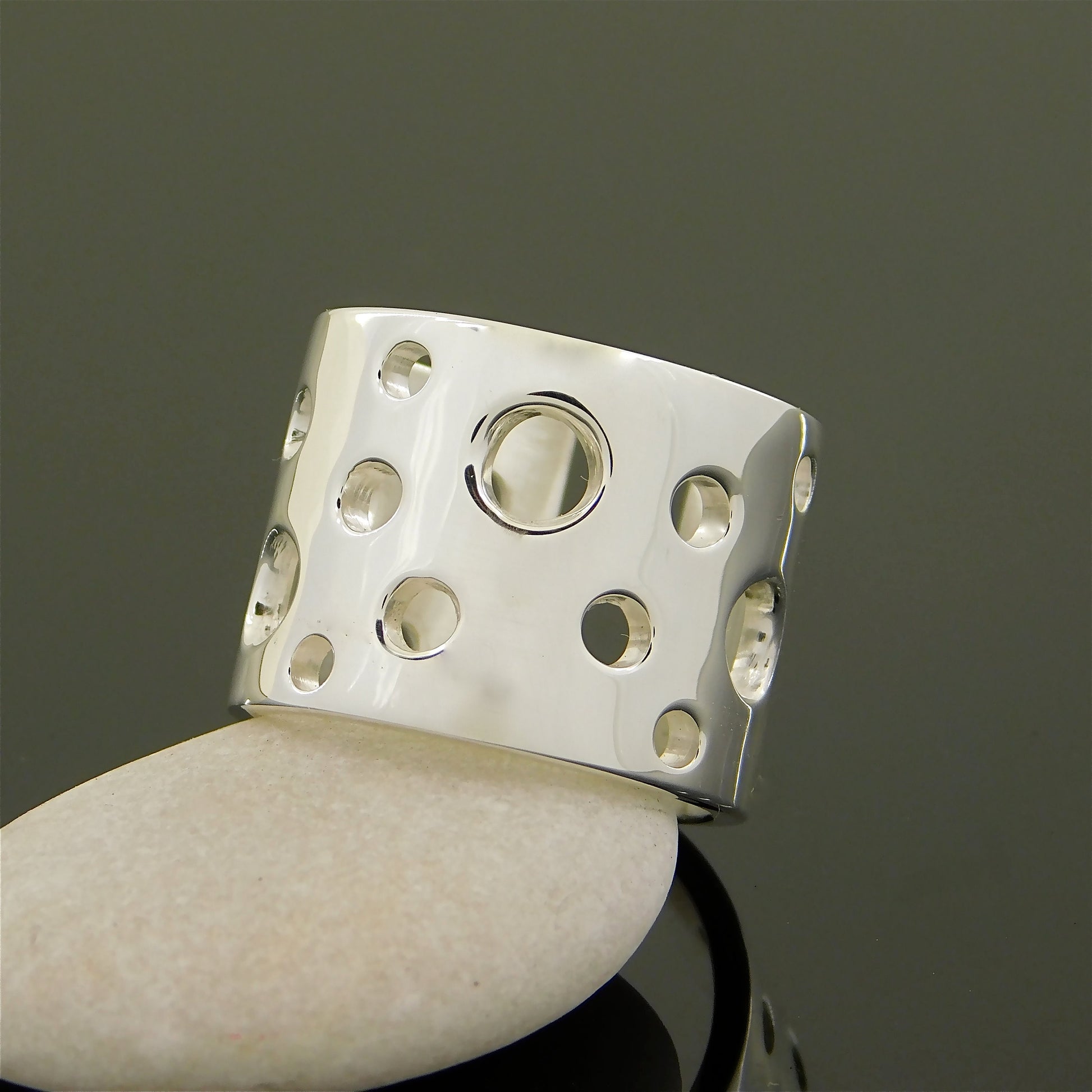 Swiss Cheese Ag950 Silver Ring, Wide Band, Minimalist Design