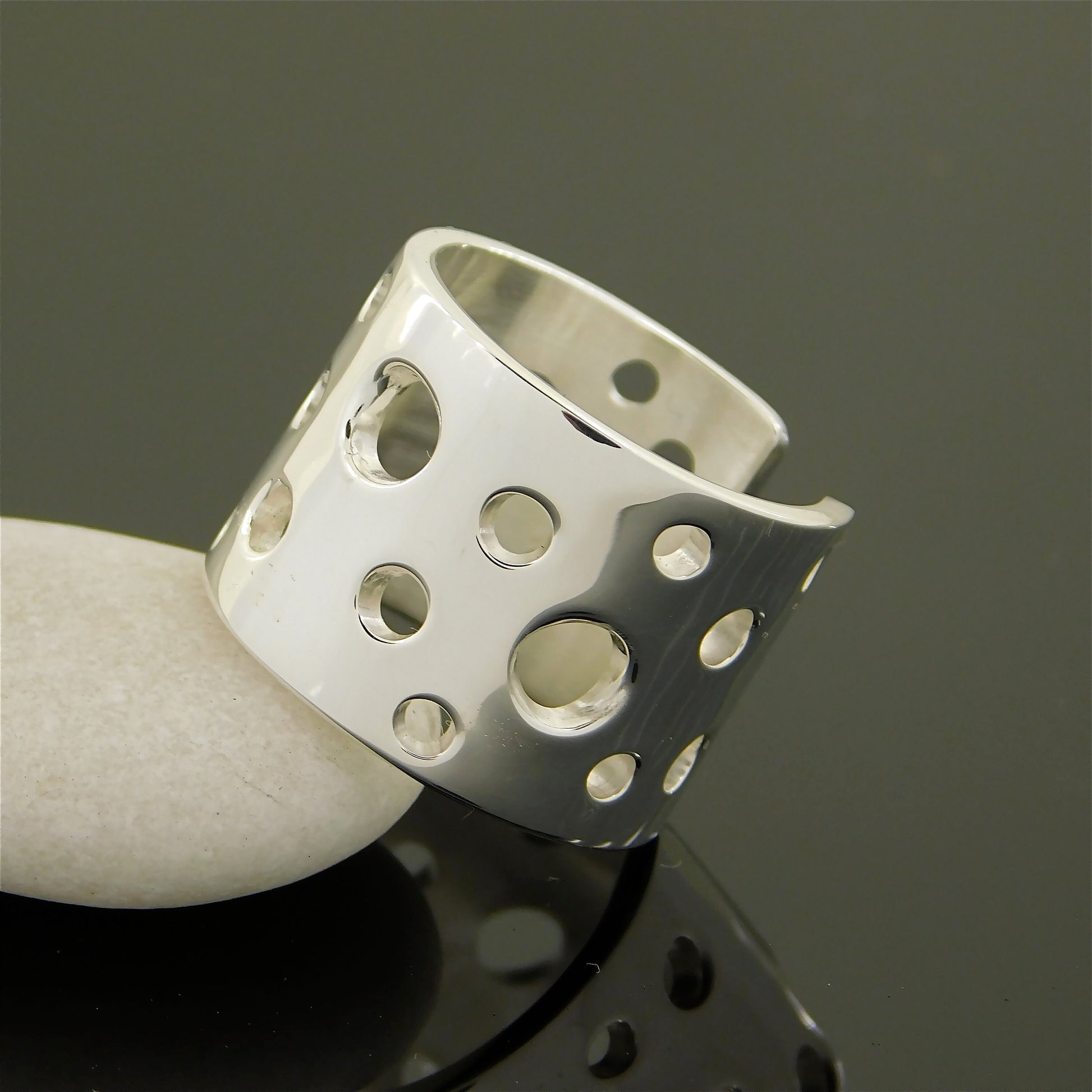 Swiss Cheese Ag950 Silver Ring, Wide Band, Minimalist Design