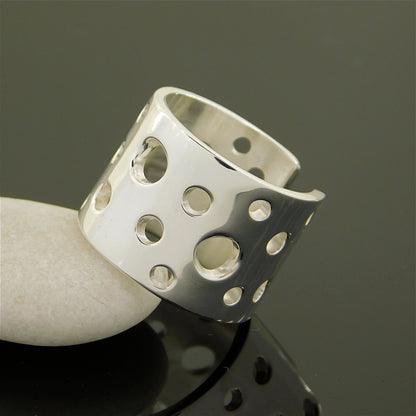Swiss Cheese Ag950 Silver Ring, Wide Band, Minimalist Design