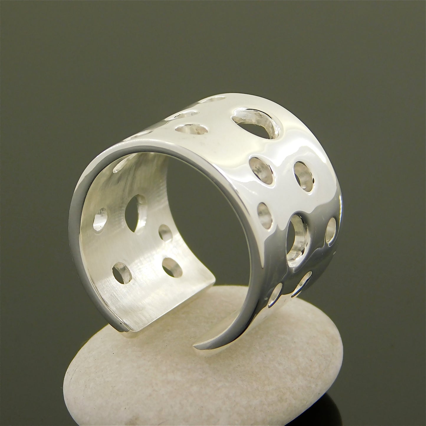 Swiss Cheese Ag950 Silver Ring, Wide Band, Minimalist Design