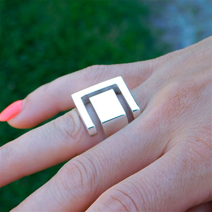 Greek Key Statement Ring: Geometric Design, Bold Jewelry Silver AG 950