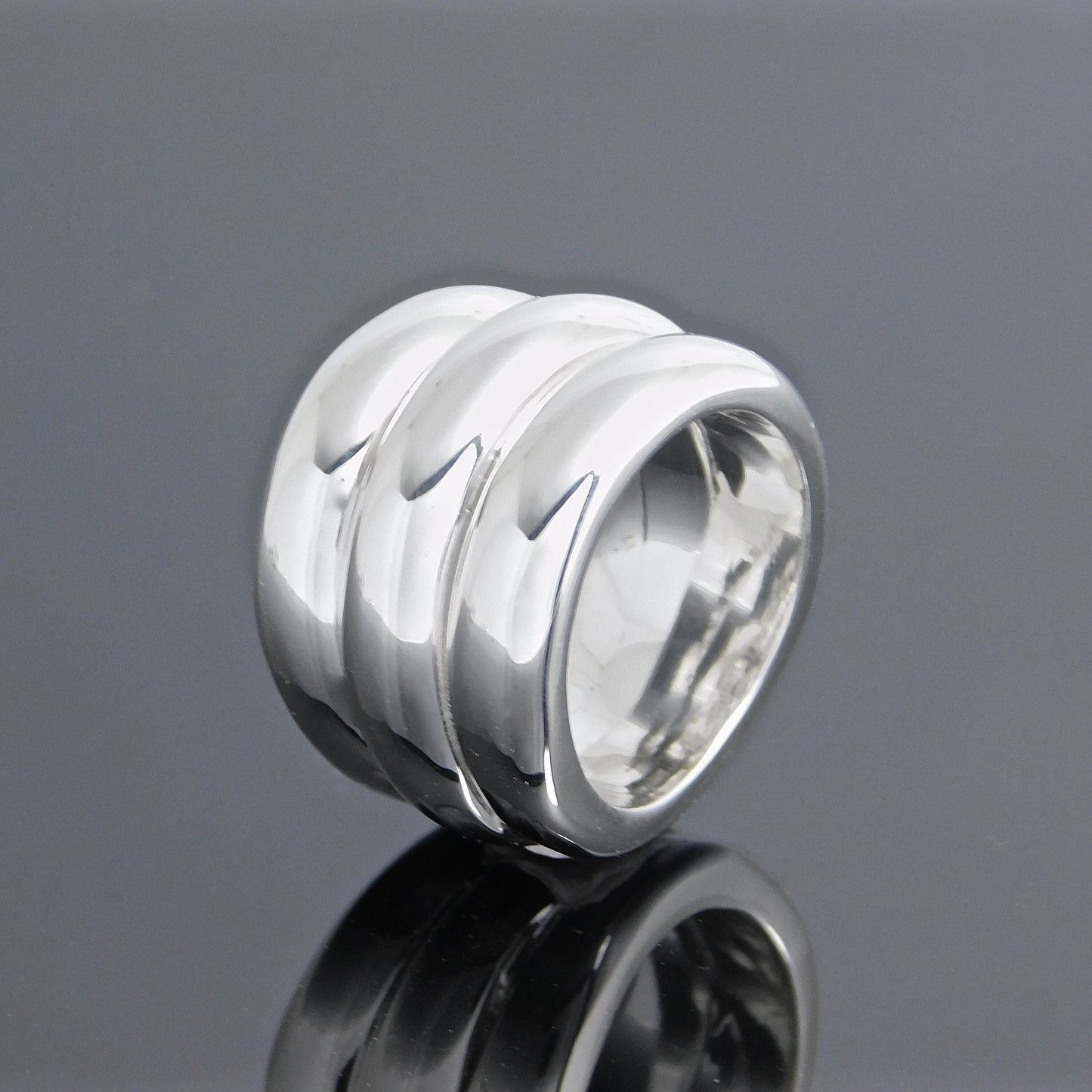 Wide Band Ring: Chunky Statement Ring, Triple Dome Band Ring, Silver AG 950