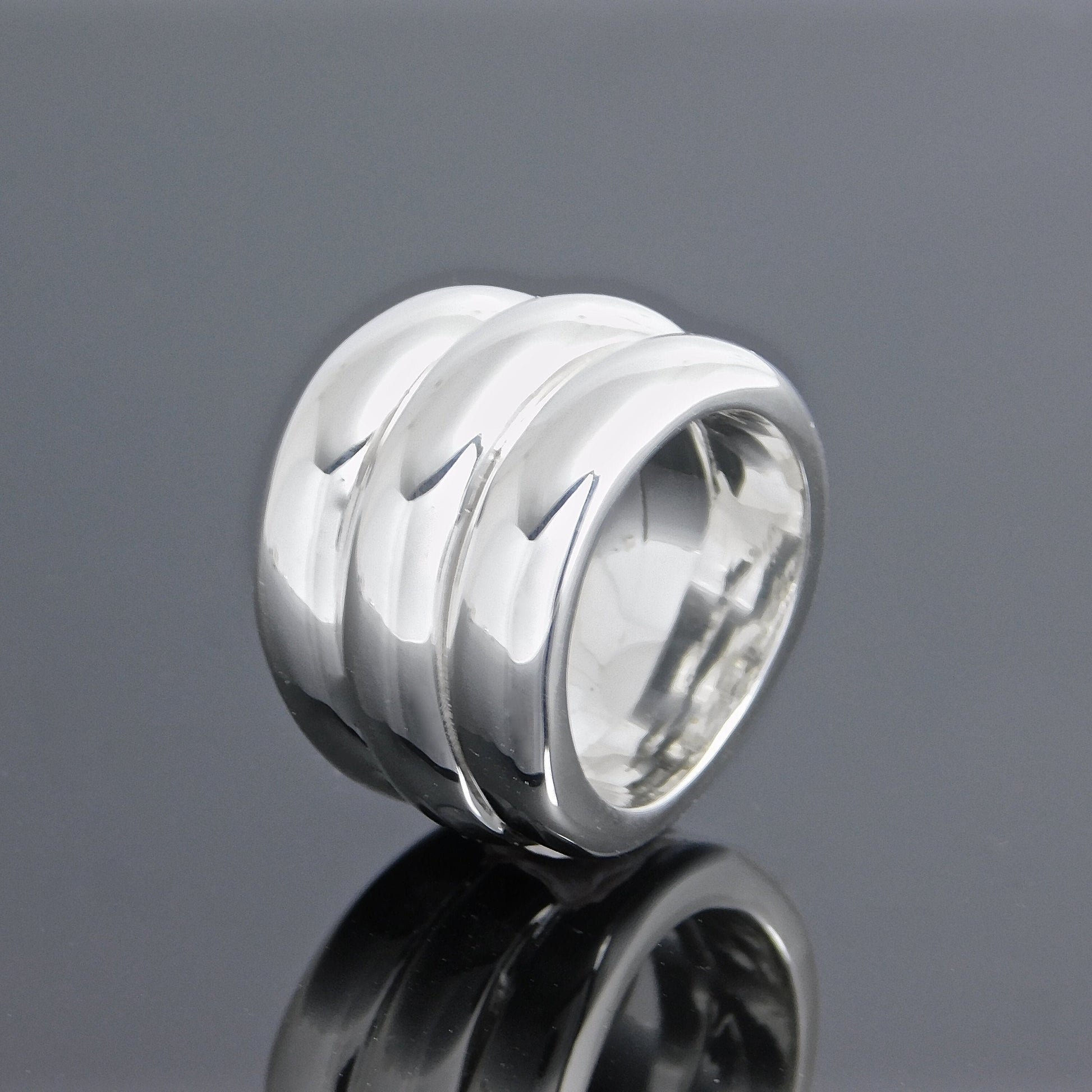 Wide Band Ring: Chunky Statement Ring, Triple Dome Band Ring, Silver AG 950