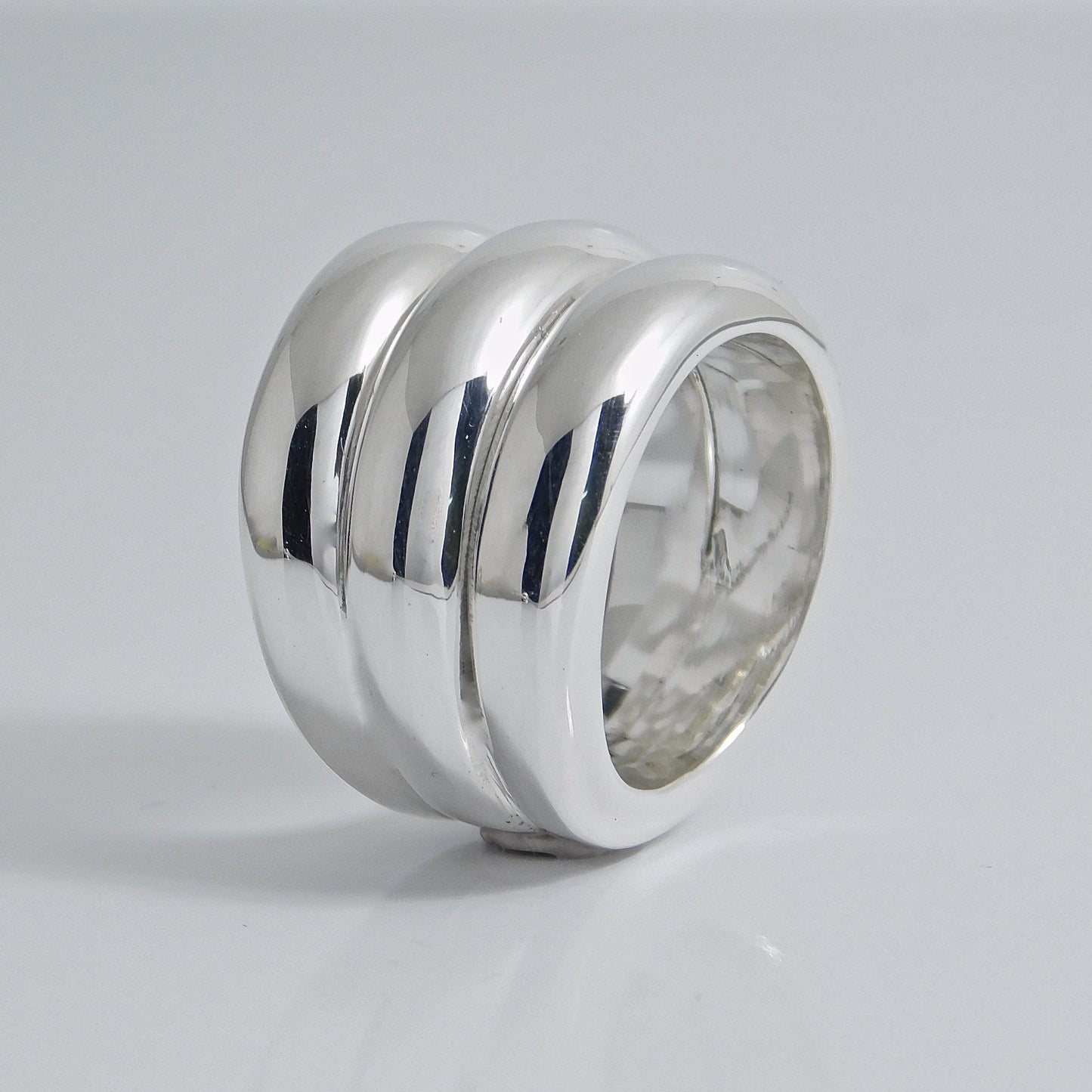 Wide Band Ring: Chunky Statement Ring, Triple Dome Band Ring, Silver AG 950