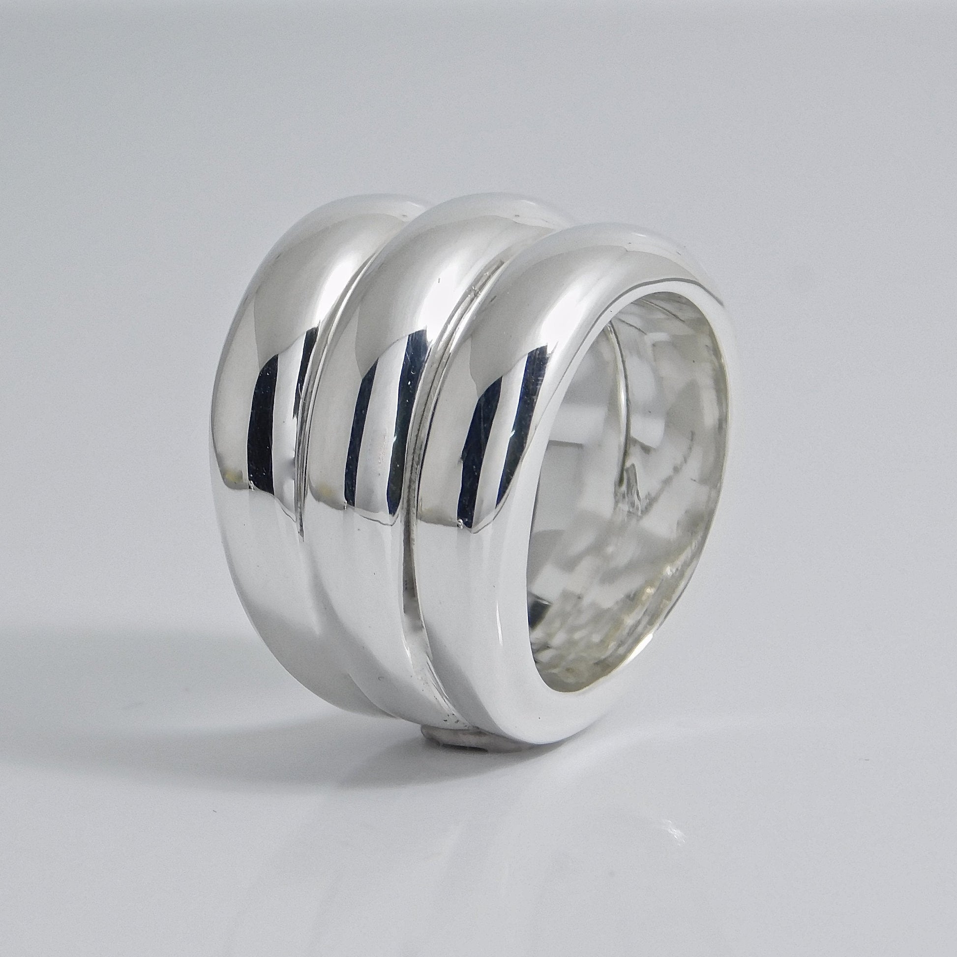 Wide Band Ring: Chunky Statement Ring, Triple Dome Band Ring, Silver AG 950