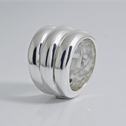 Wide Band Ring: Chunky Statement Ring, Triple Dome Band Ring, Silver AG 950