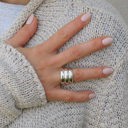 Wide Band Ring: Chunky Statement Ring, Triple Dome Band Ring, Silver AG 950