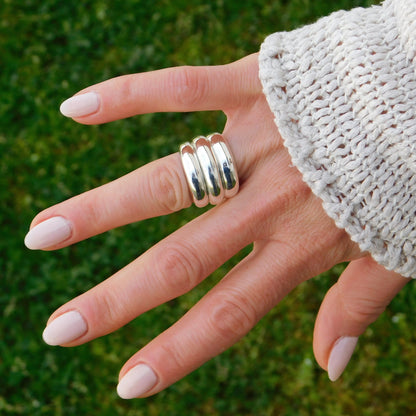 Wide Band Ring: Chunky Statement Ring, Triple Dome Band Ring, Silver AG 950