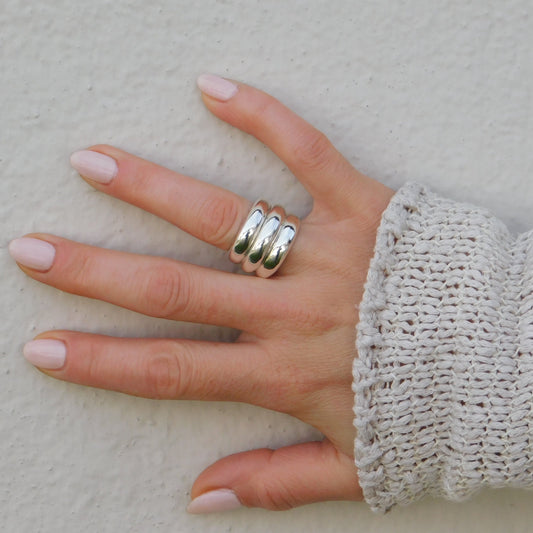 Wide Band Ring: Chunky Statement Ring, Triple Dome Band Ring, Silver AG 950