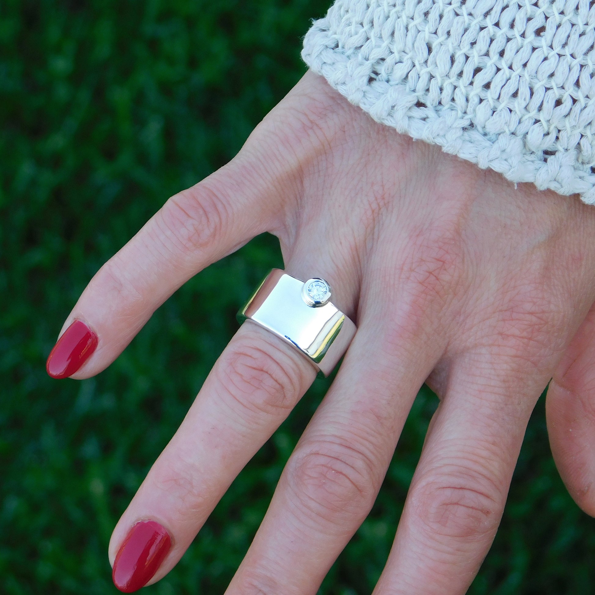 Chunky Wedding Band: Wide Moissanite Ring, Solitaire Band, Silver AG 950