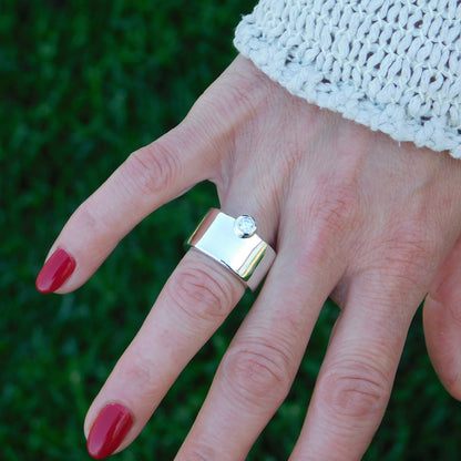 Chunky Wedding Band: Wide Moissanite Ring, Solitaire Band, Silver AG 950