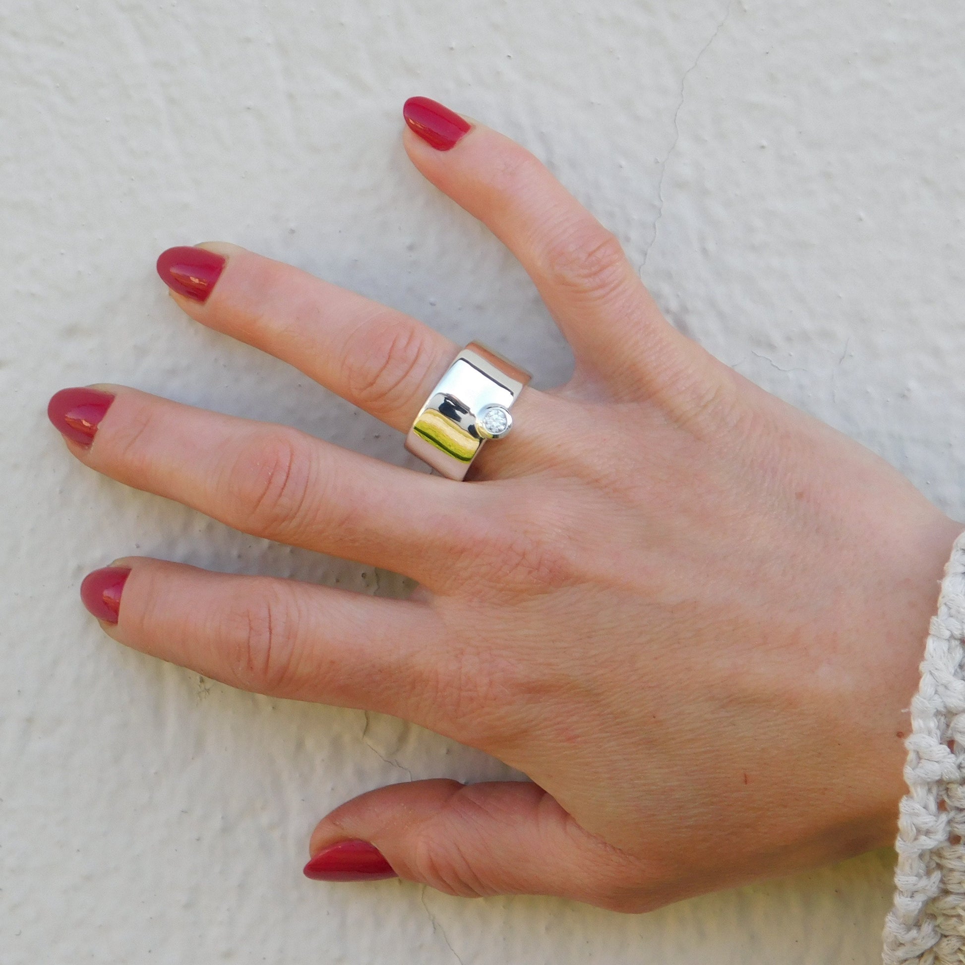 Chunky Wedding Band: Wide Moissanite Ring, Solitaire Band, Silver AG 950