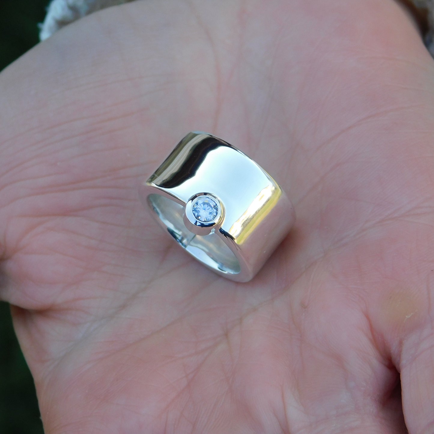 Chunky Wedding Band: Wide Moissanite Ring, Solitaire Band, Silver AG 950