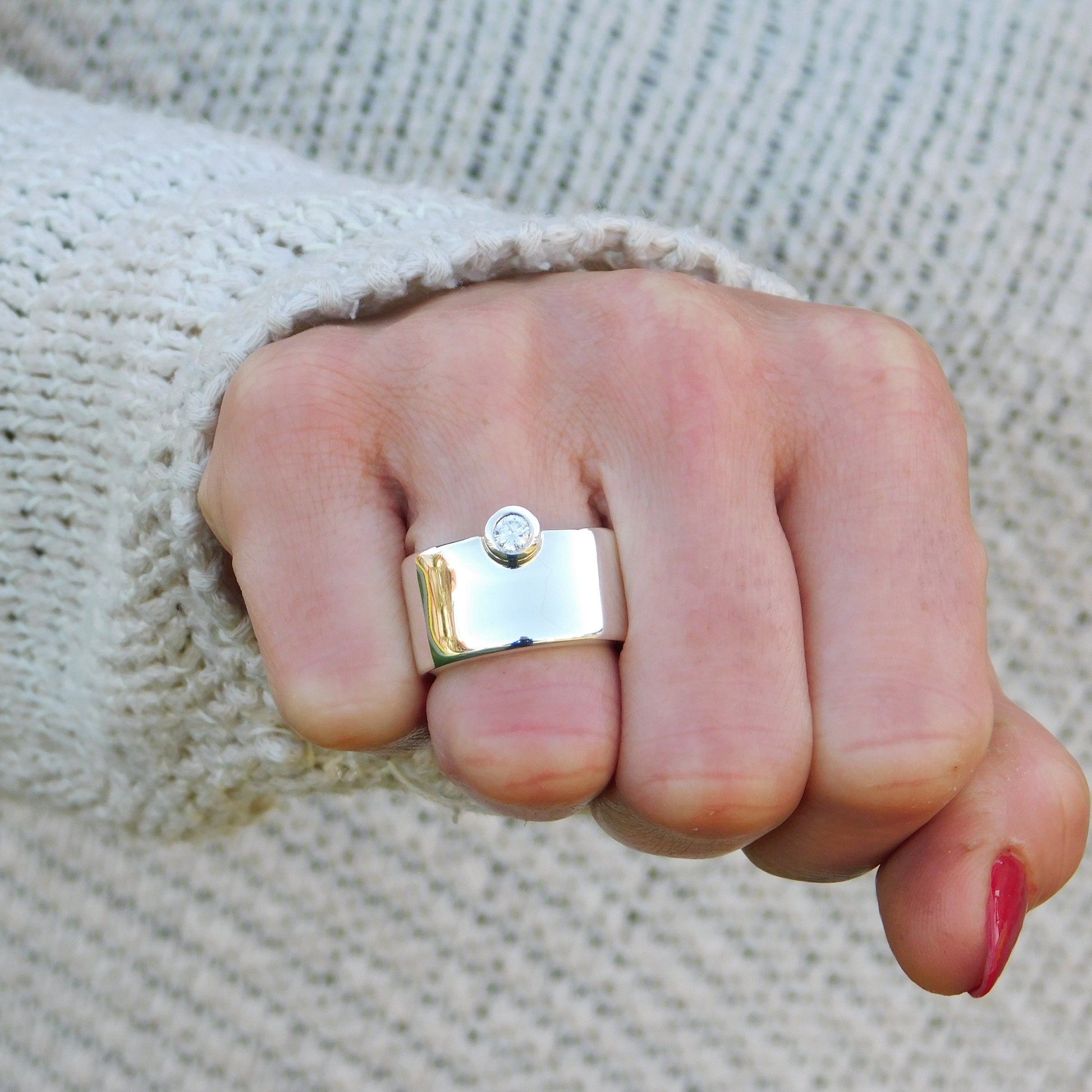 Chunky Wedding Band: Wide Moissanite Ring, Solitaire Band, Silver AG 950