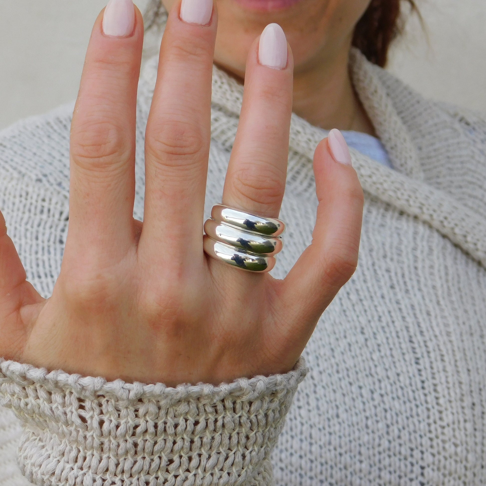Wide Band Ring: Chunky Statement Ring, Triple Dome Band Ring, Silver AG 950