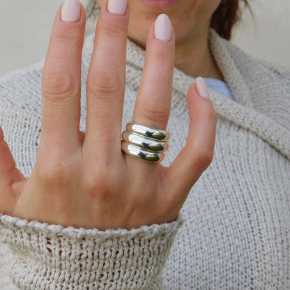 Wide Band Ring: Chunky Statement Ring, Triple Dome Band Ring, Silver AG 950