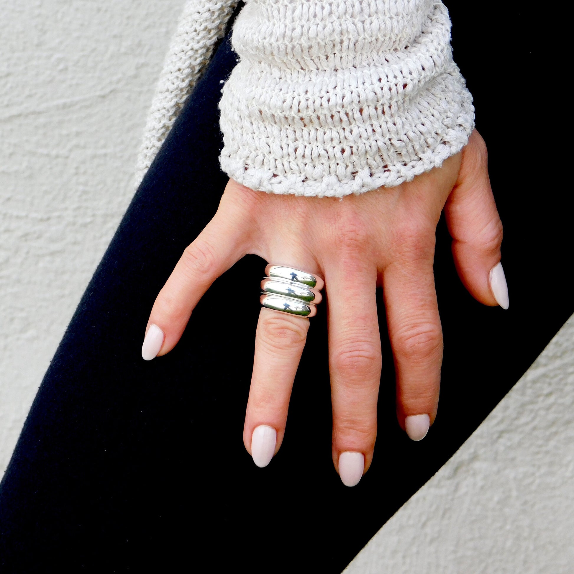 Wide Band Ring: Chunky Statement Ring, Triple Dome Band Ring, Silver AG 950
