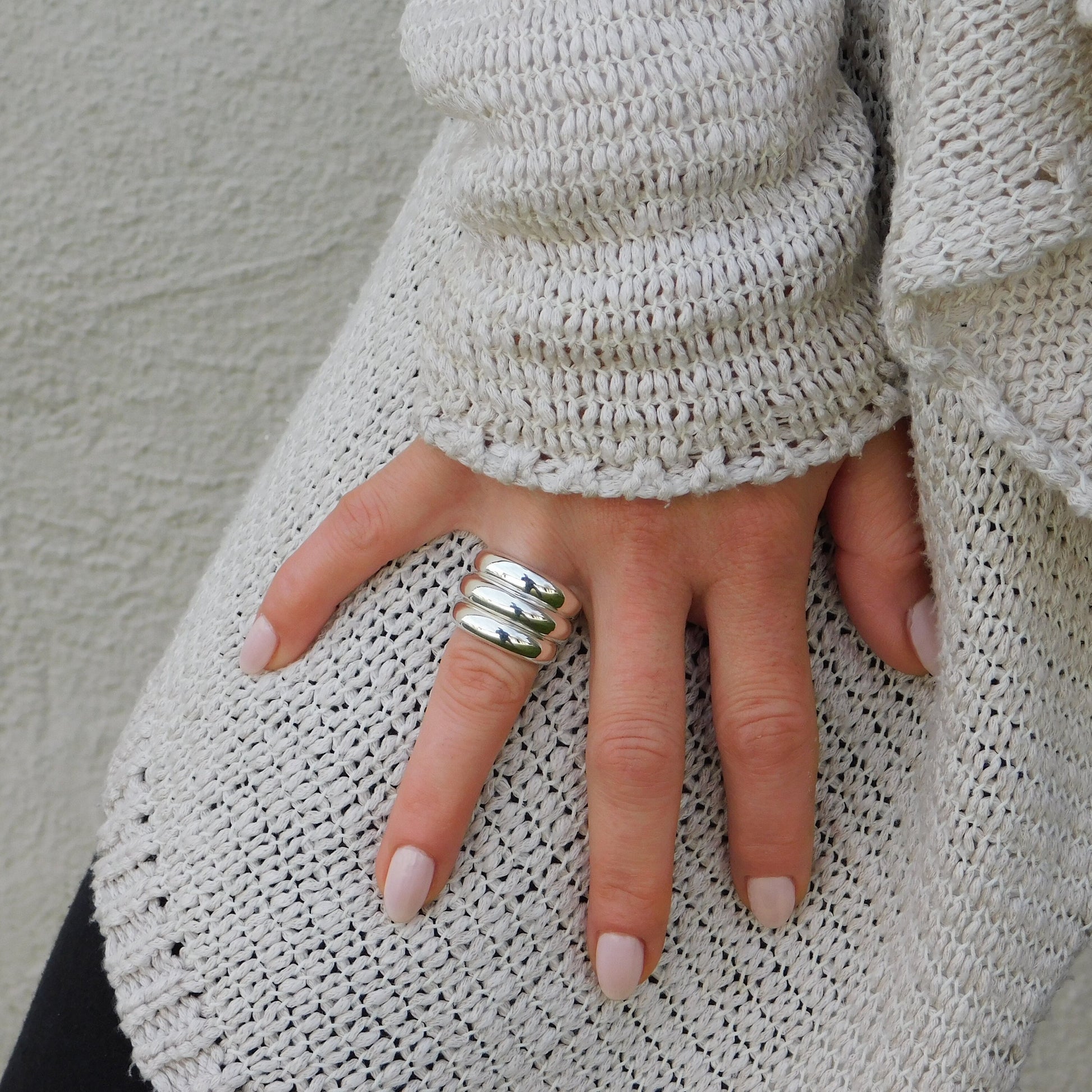 Wide Band Ring: Chunky Statement Ring, Triple Dome Band Ring, Silver AG 950