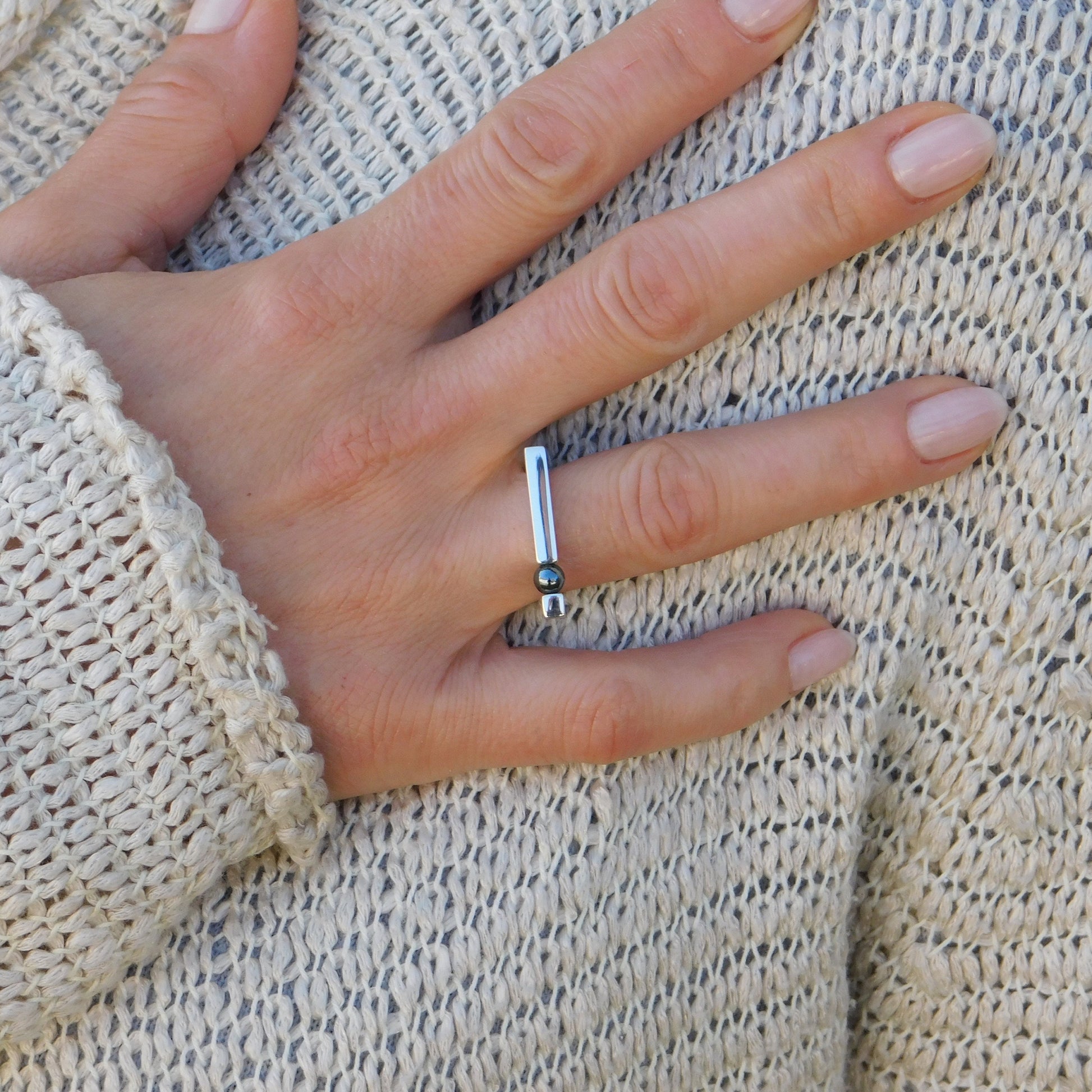 Hematite Ring, Minimalist Bar Ring, Silver AG 950, Elisa Kuno Design