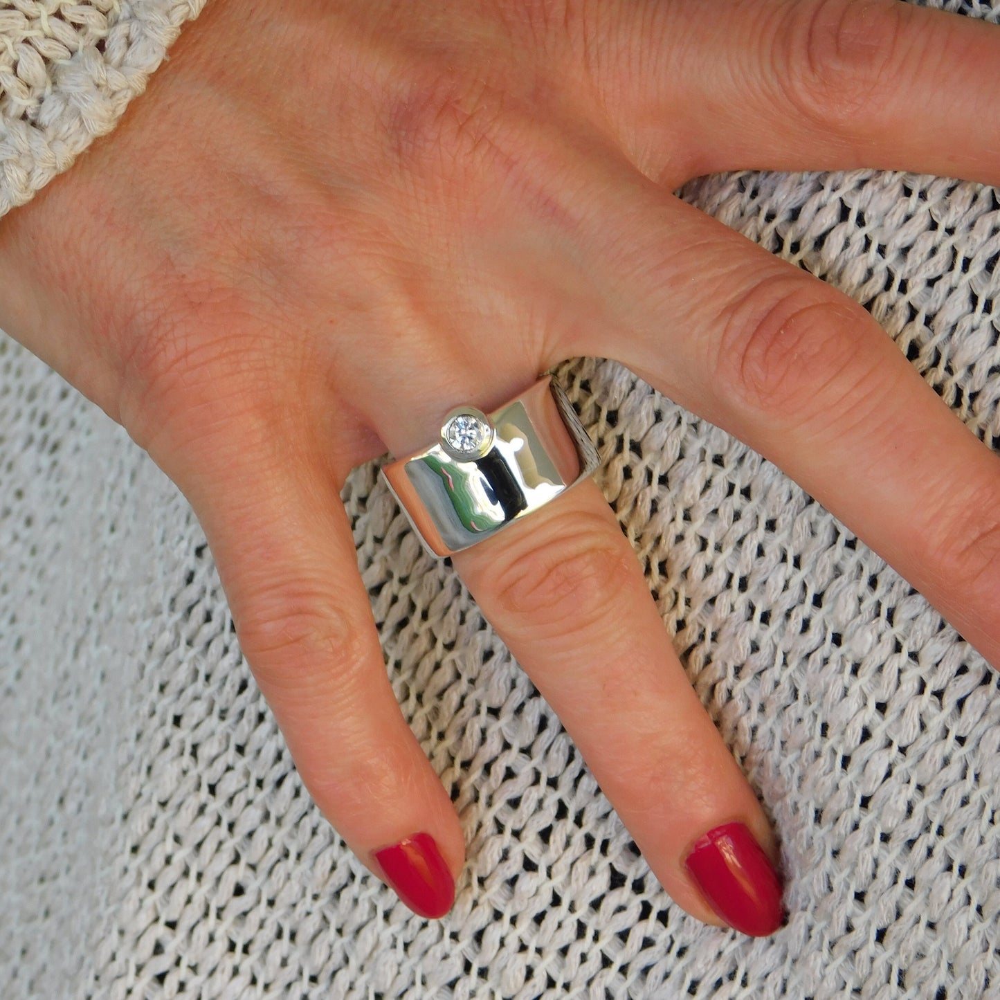 Chunky Wedding Band: Wide Moissanite Ring, Solitaire Band, Silver AG 950