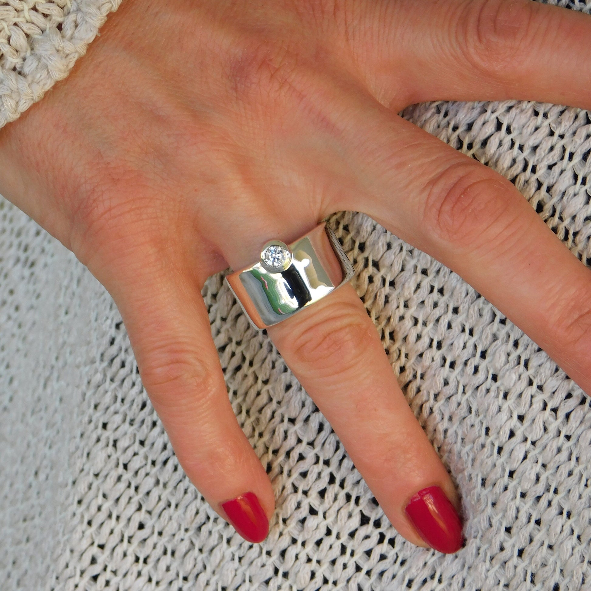 Chunky Wedding Band: Wide Moissanite Ring, Solitaire Band, Silver AG 950
