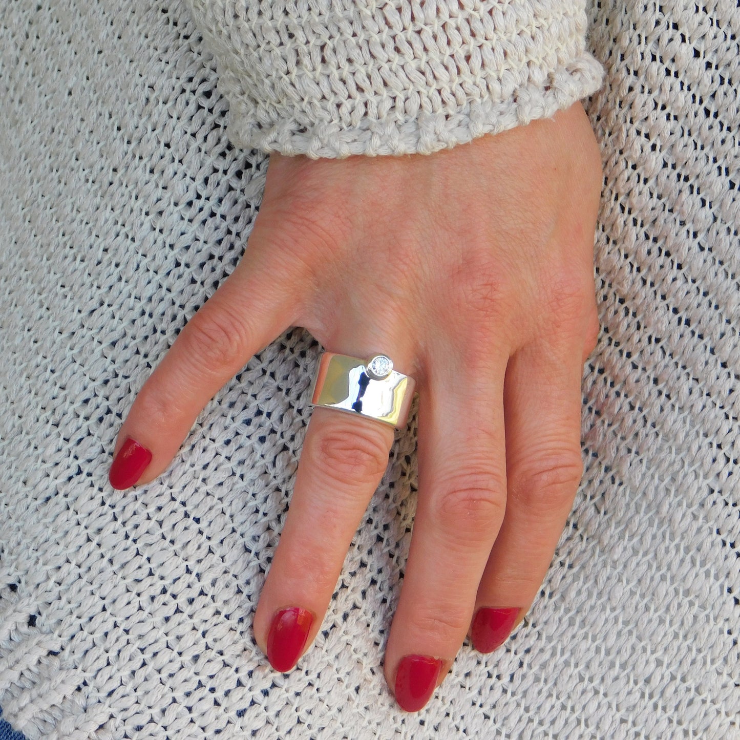 Chunky Wedding Band: Wide Moissanite Ring, Solitaire Band, Silver AG 950