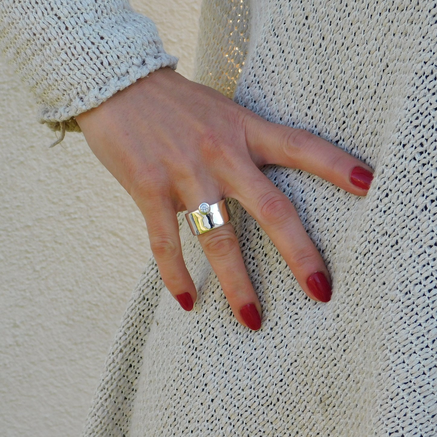 Chunky Wedding Band: Wide Moissanite Ring, Solitaire Band, Silver AG 950