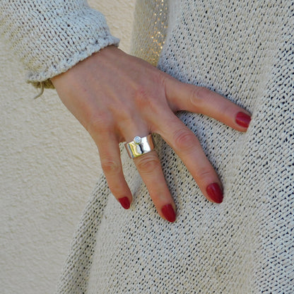 Chunky Wedding Band: Wide Moissanite Ring, Solitaire Band, Silver AG 950