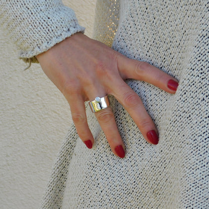 Chunky Wedding Band: Wide Moissanite Ring, Solitaire Band, Silver AG 950