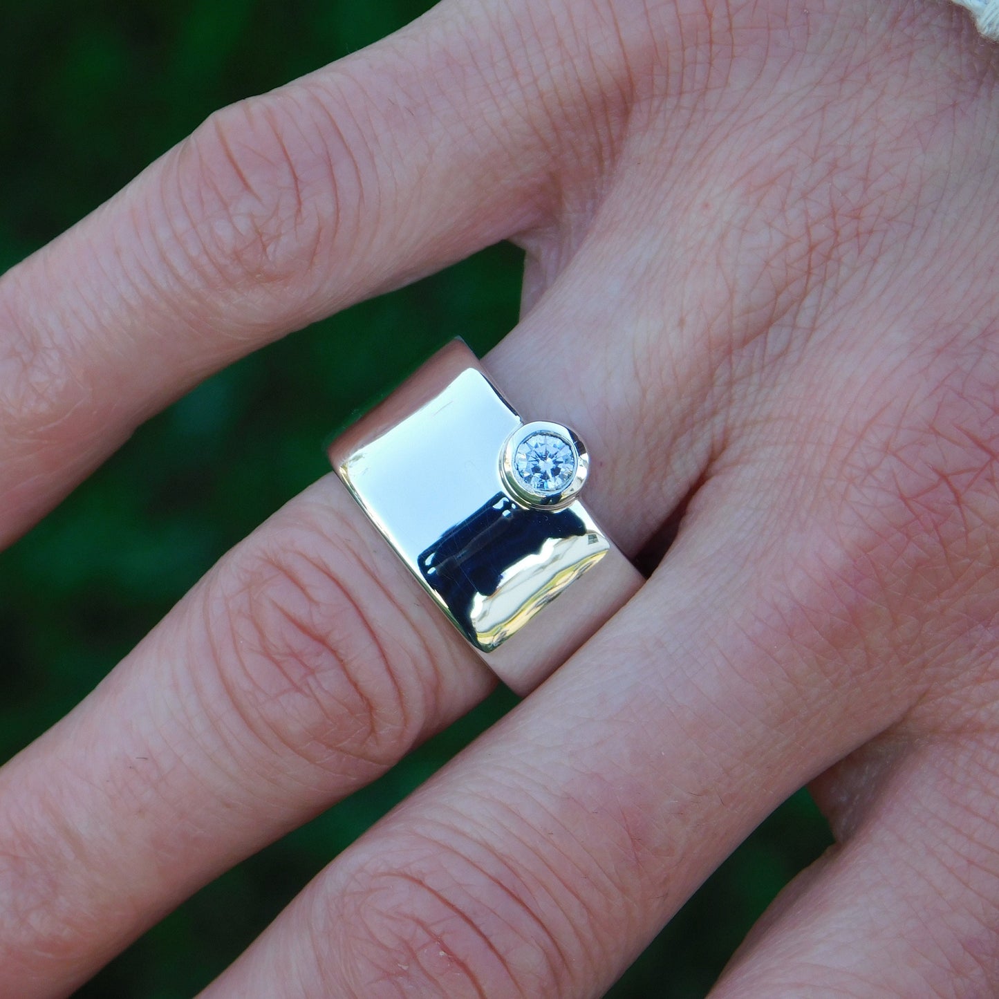 Chunky Wedding Band: Wide Moissanite Ring, Solitaire Band, Silver AG 950