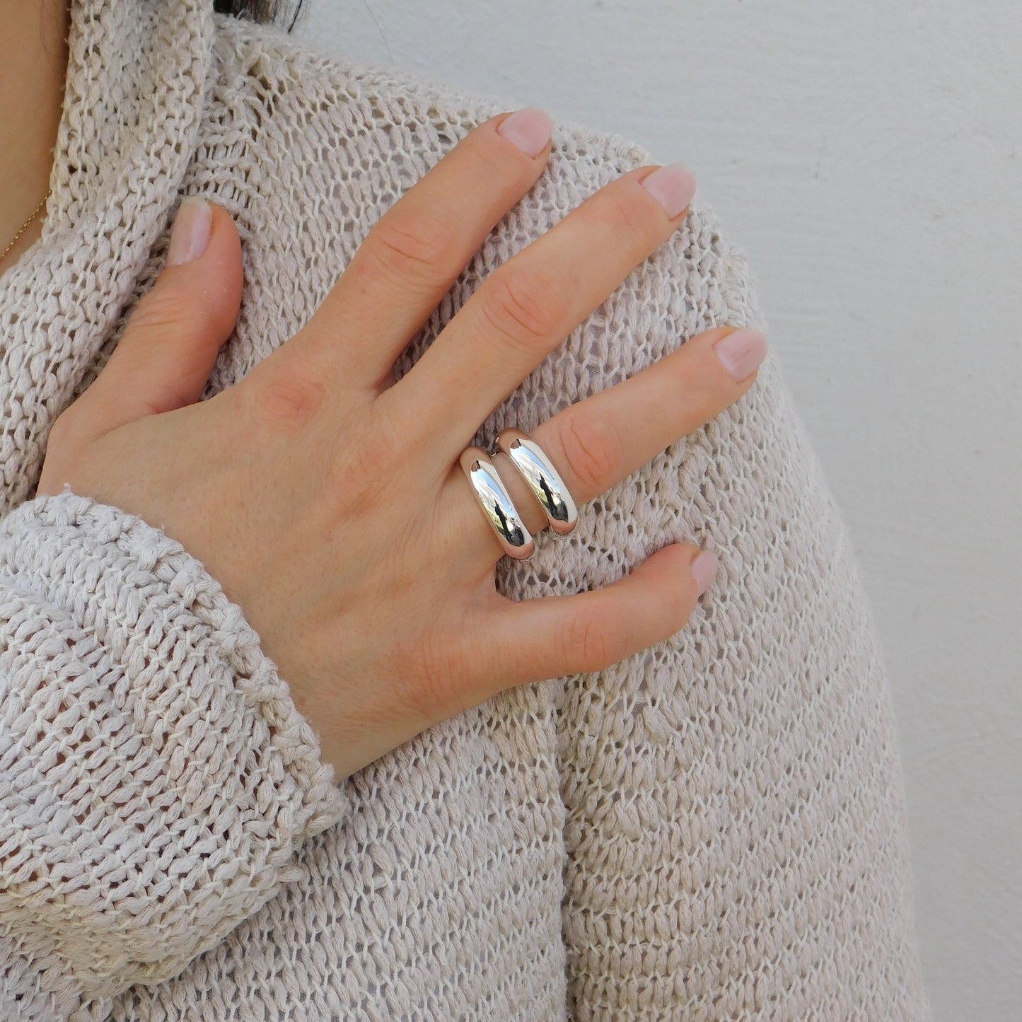 Ring Set of Two: Silver Chunky Dome Ring, Wide Band Statement Ring